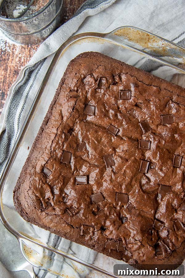 Overhead shot of a pan of warm, unsliced, fudgy almond flour brownies, fresh out of the oven.