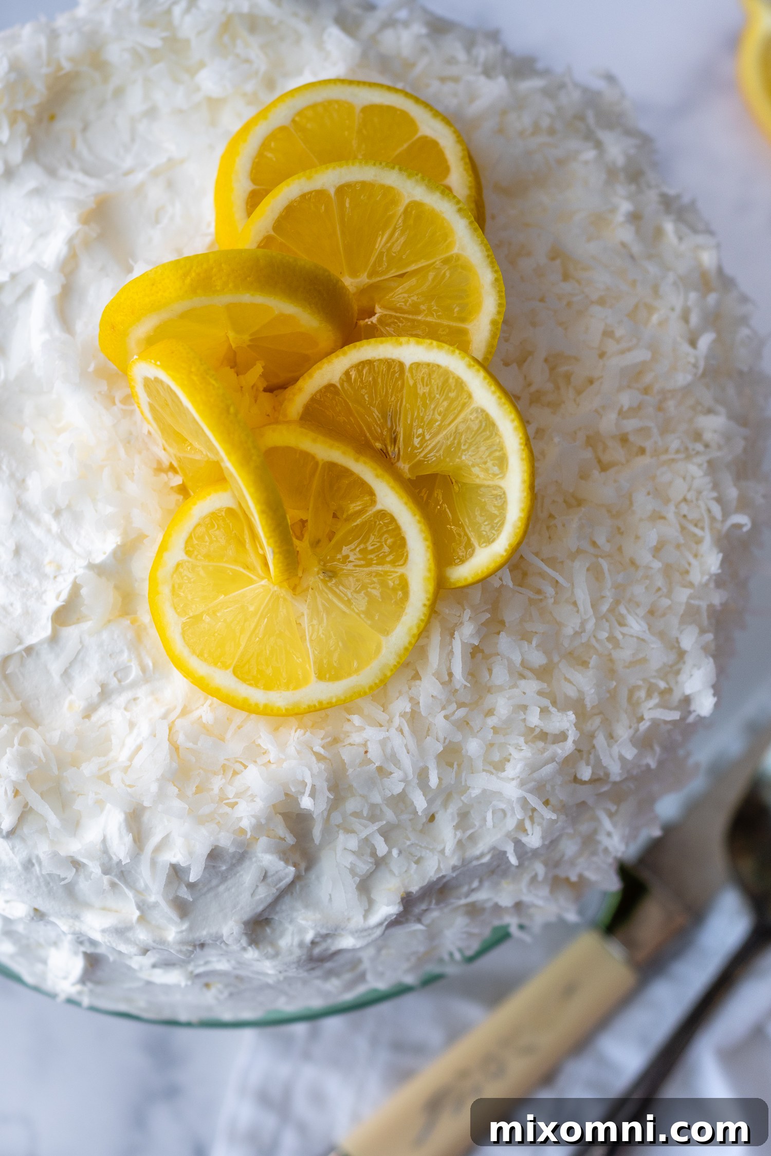 Top view of a beautifully decorated gluten-free coconut lemon cake, adorned with fresh lemon slices.