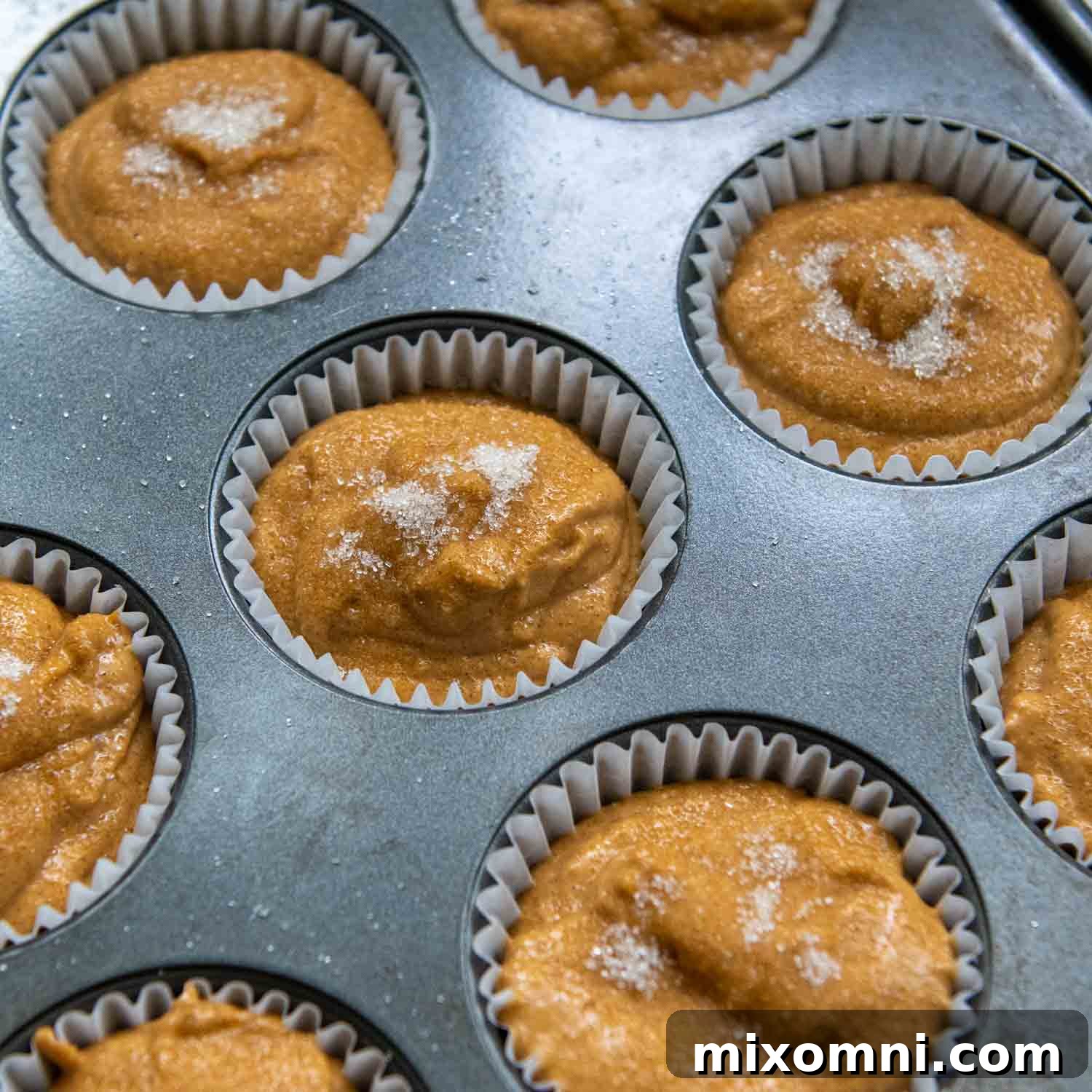unbaked pumpkin oat muffins in a muffin pan.