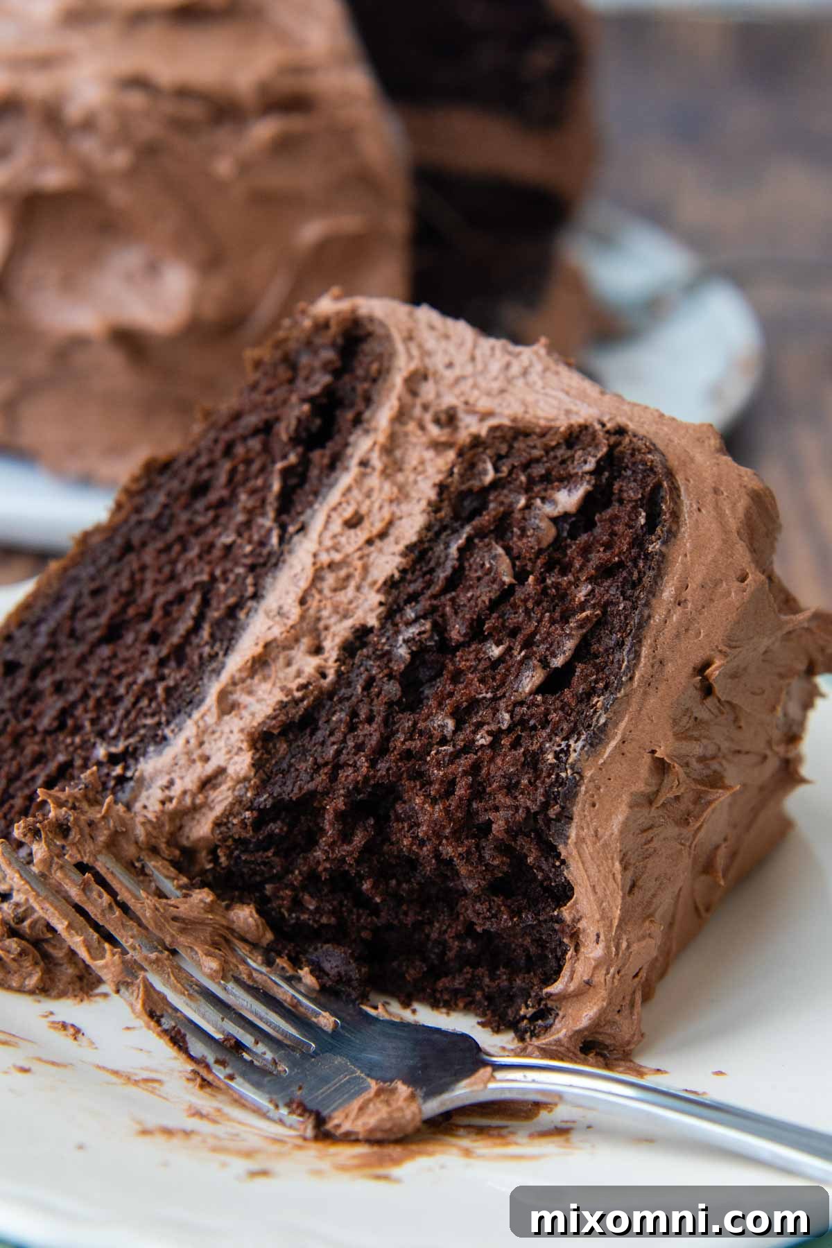 A slice of gluten-free chocolate cake on a plate with a fork, showing its tender crumb.
