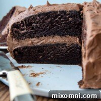 A chocolate layer cake sliced to show its moist interior