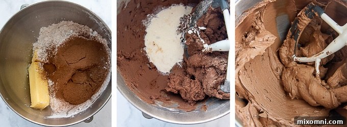 Images showing the step-by-step process of how to make fluffy chocolate buttercream frosting in a mixing bowl.