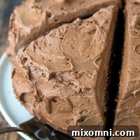 chocolate buttercream cake with a large slice about to be taken out