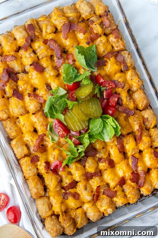 Overhead shot of a freshly baked tater tot casserole with cheeseburger fixings artfully arranged on top, ready to serve.