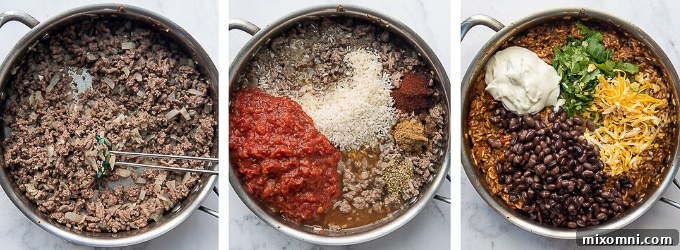 A visual guide showing the initial steps for preparing the savory beef and rice filling for Mexican stuffed peppers, including browning the ground meat and mixing in aromatic ingredients.