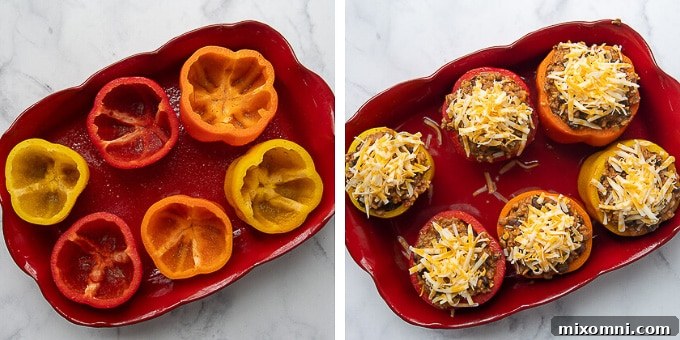 A series of images demonstrating how to properly fill hollowed-out bell peppers with the Mexican-style beef and rice mixture before they are baked.