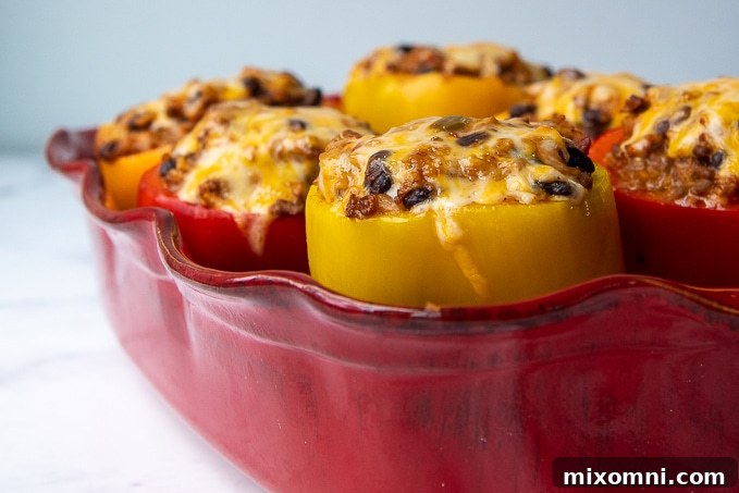 A casserole dish filled with freshly baked Mexican-style stuffed peppers, topped with golden, melted, and bubbly cheese, perfectly ready to be served as a hearty family meal.