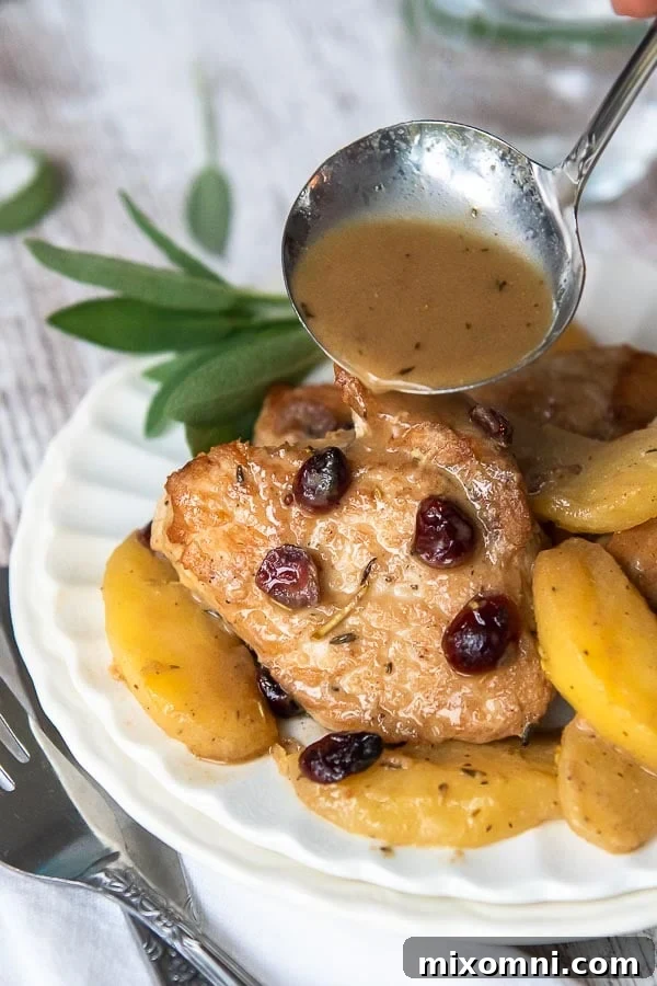 pork medallions on a white plate with apples and cranberries and a ladle of dijon gravy being poured over