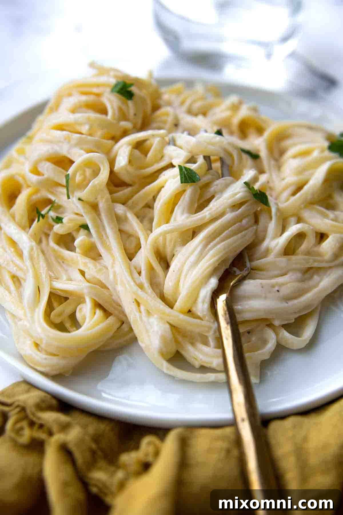 a fork wrapped around fettuccine alfredo