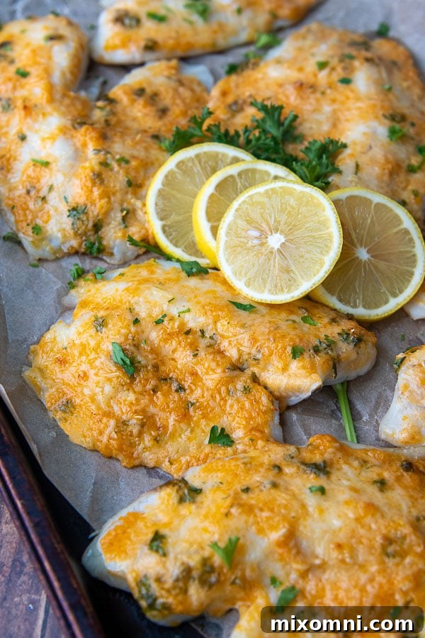 parmesan crusted tilapia on a baking sheet with lemon slices on top