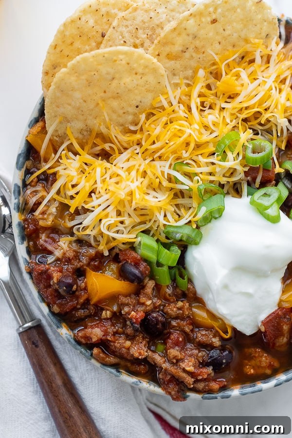 close up overhead shot of turkey chili in a bowl