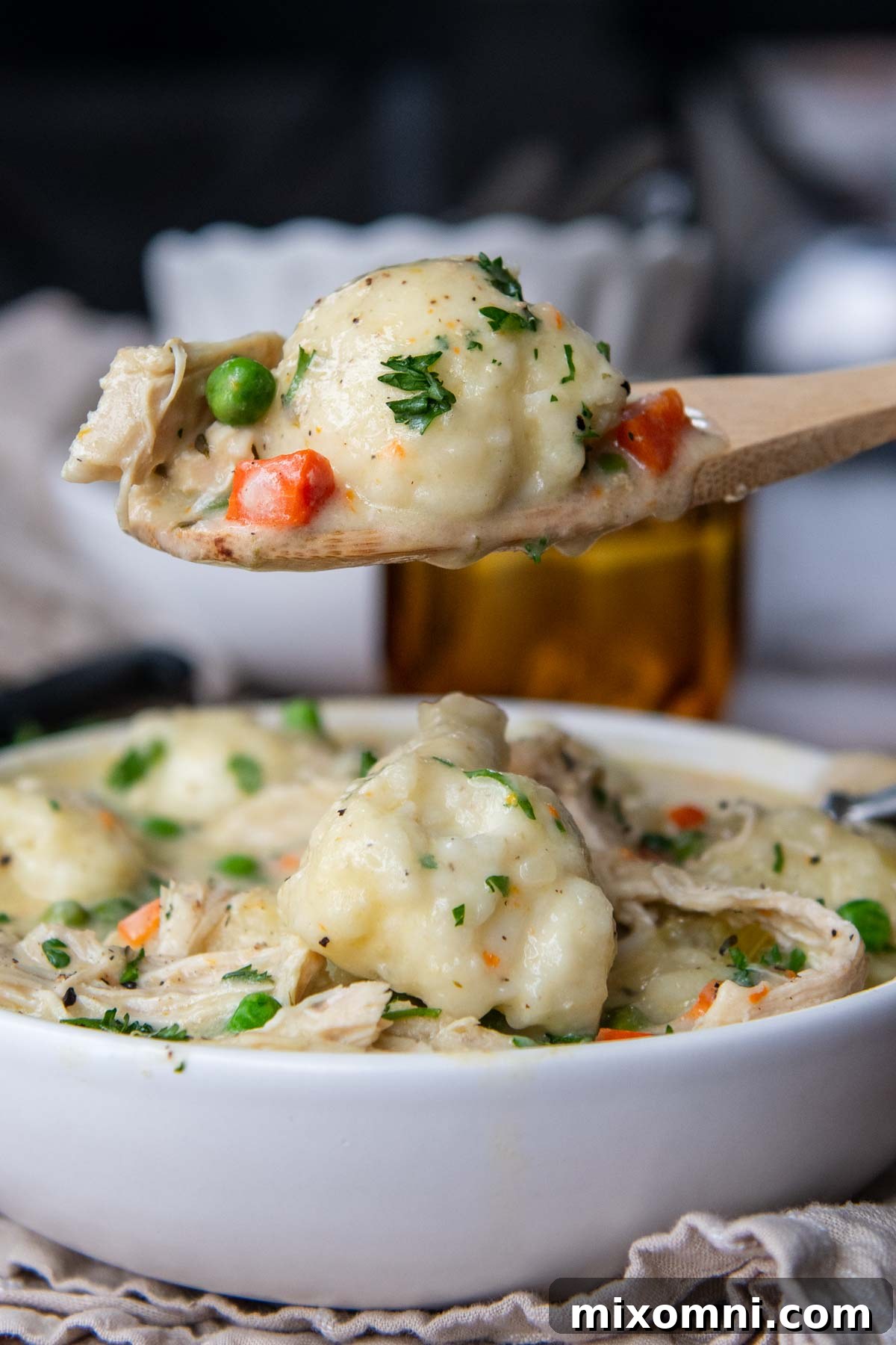 a wooden spoon holding up a scoop of chicken and dumplings