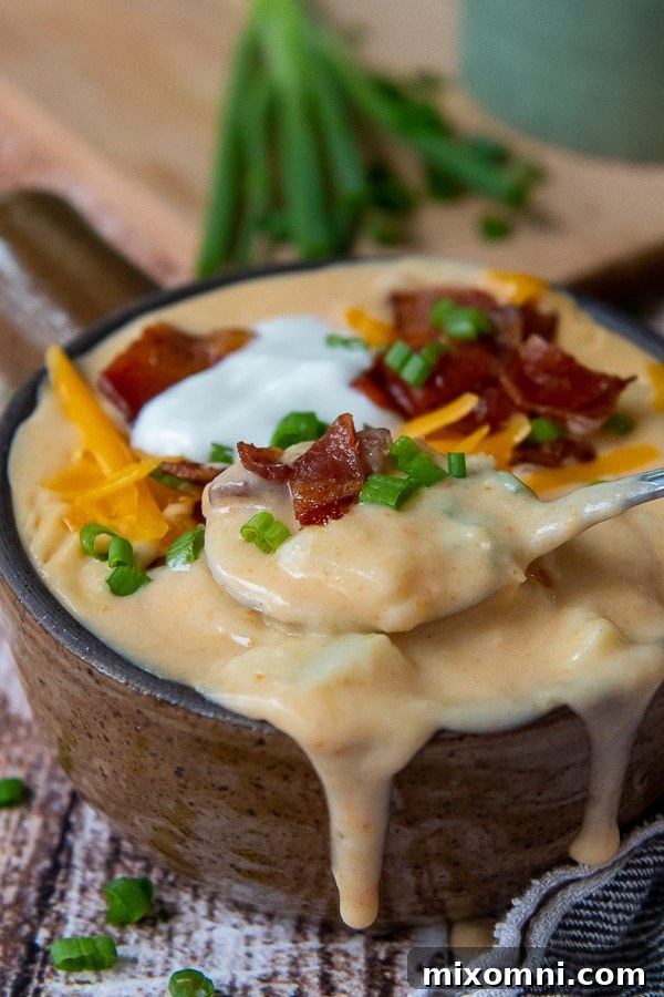 a close up of a spoon lifting out a spoonful of instant pot potato soup