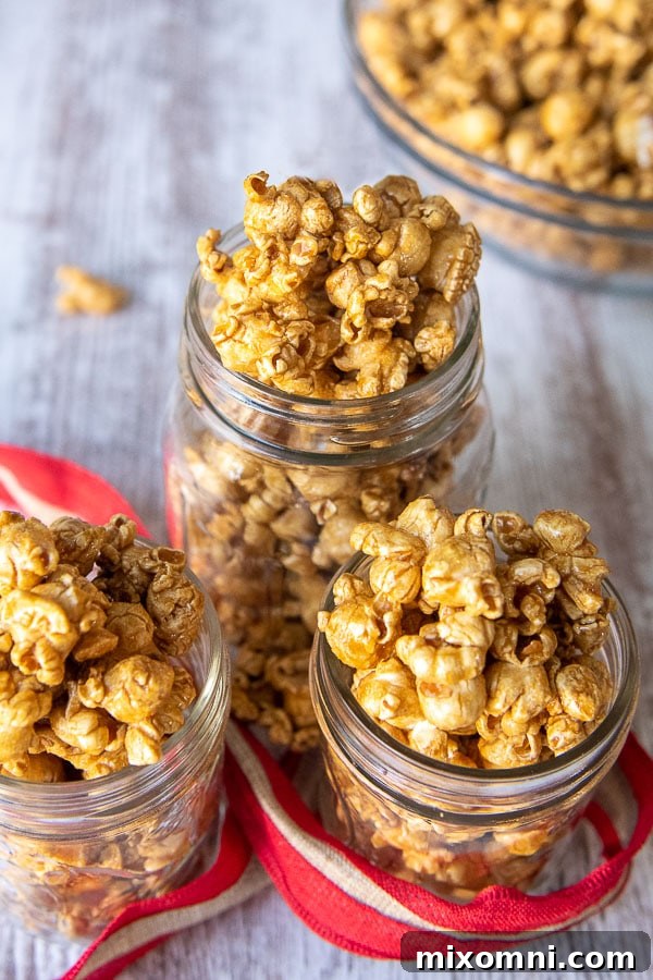 homemade caramel corn recipe in 3 glass jars