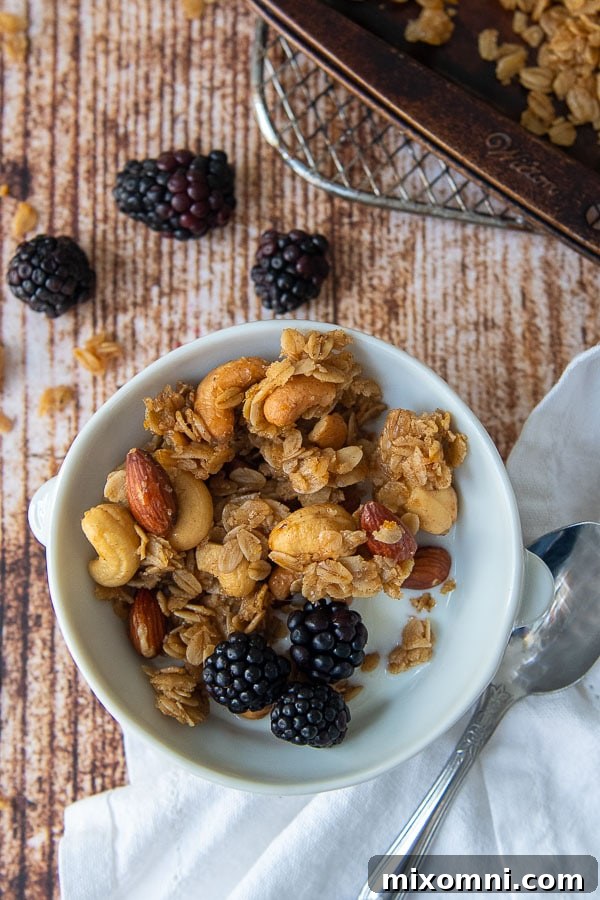 a bowl of homemade granola with milk and berries