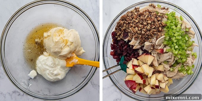 A visual step-by-step guide to making cranberry chicken salad with pecans and apples, showcasing the mixing process in a large bowl.