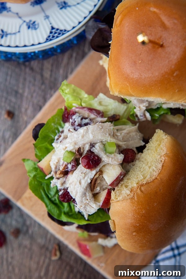 An appetizing overhead shot of an open-faced cranberry chicken salad sandwich, elegantly placed on a wooden cutting board, highlighting its fresh ingredients.