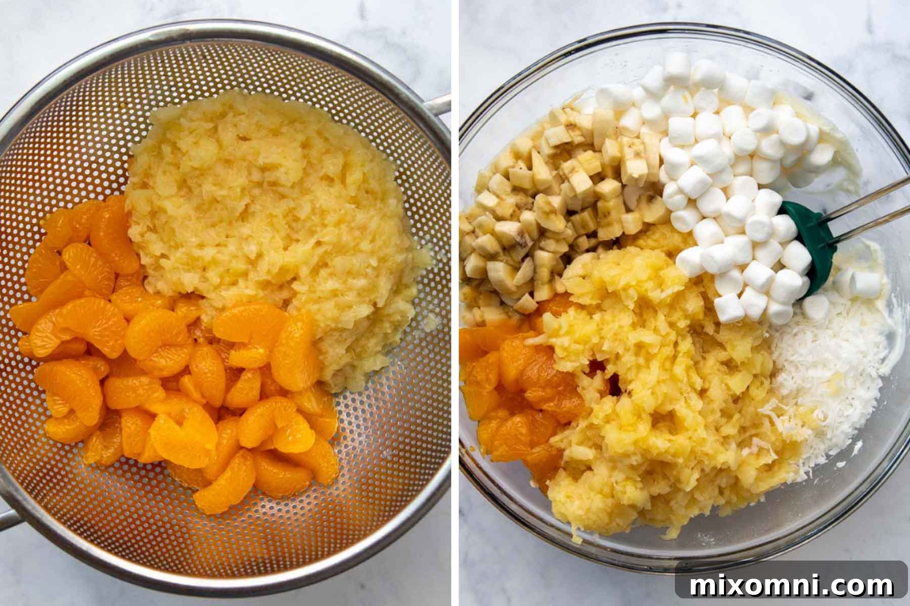 Images demonstrating the process of making frozen fruit salad, including mixing ingredients.