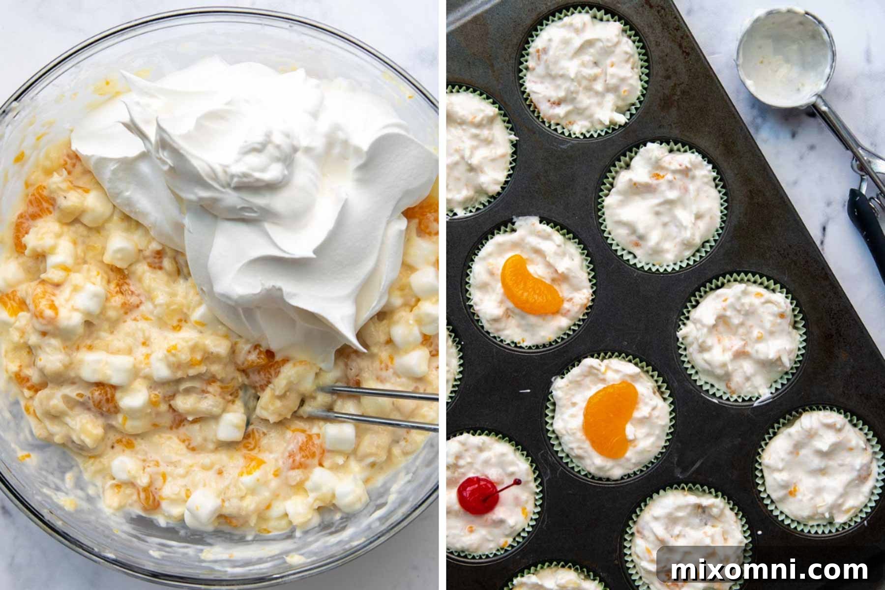 More images showing how to prepare frozen fruit salad and portion it into muffin tins.