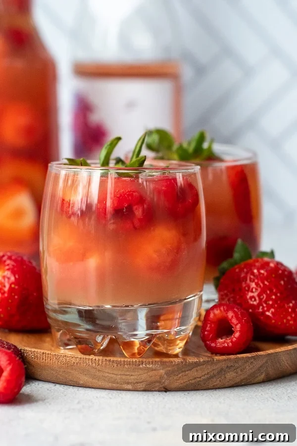 A close-up of sparkling rose sangria in a glass, garnished with fresh berries and citrus slices, on a rustic wooden surface.