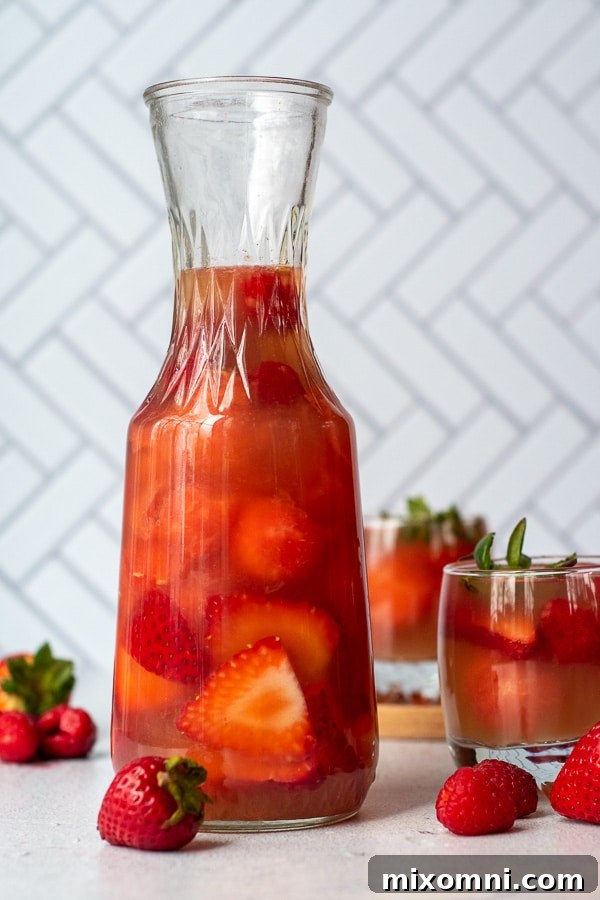 A pitcher of vibrant rose sangria with sliced strawberries and raspberries, with a glass of sangria in the background.