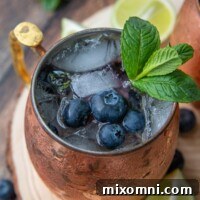 A side-angle shot of a blueberry moscow mule with fresh lime wedges laying next to it, ready to be enjoyed.