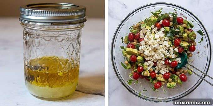 Step-by-step images showing how to prepare the lemon dressing and combine it with the chickpea avocado salad ingredients.