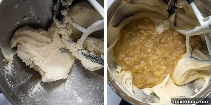 Images showing the process of creaming butter and sugar, followed by the addition of mashed bananas to the cake batter for our fluffy banana cake.