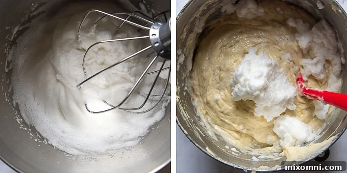 Images demonstrating how to gently fold beaten egg whites into the banana cake batter, ensuring a light and airy texture for the cake layers.