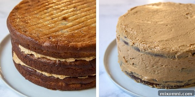 Images illustrating the assembly of the banoffee layer cake, showing how layers of banana cake are stacked with generous amounts of dulce de leche frosting.