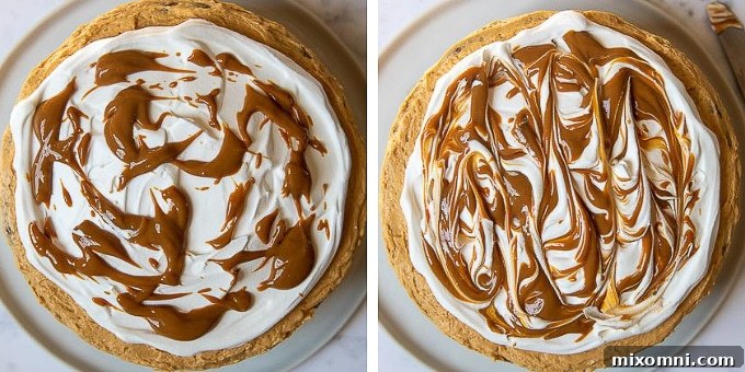Images demonstrating the technique for swirling frosting on the banoffee cake, creating a visually appealing and textured finish.