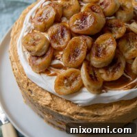 overhead shot of banoffee cake with sauteed bananas on top