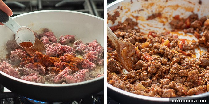 A visual guide showing the process of making Mexican hot dogs, from cooking the ground beef to assembling the final dish with toppings.