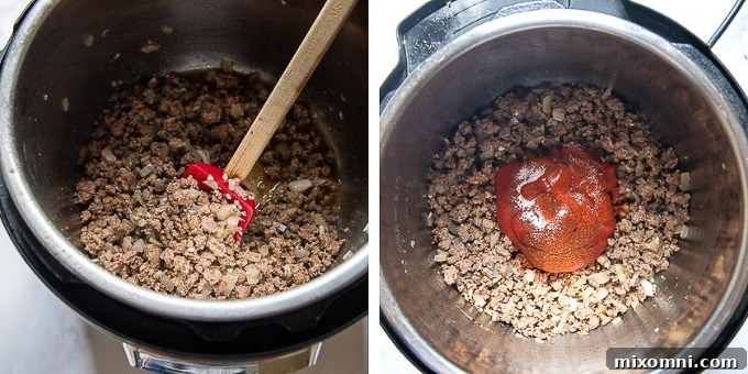 A collage of images showing the step-by-step process of making instant pot sloppy joes, from browning meat to layering sauce ingredients.