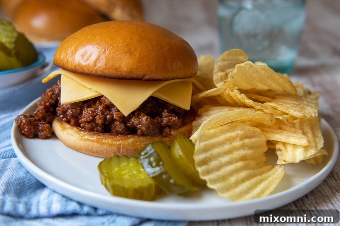A sloppy joe on a plate, overflowing from a bun, served with a side of crunchy potato chips and crisp pickle slices.