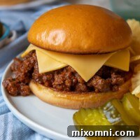 A close up of instant pot sloppy joes on a white plate with two slices of cheese