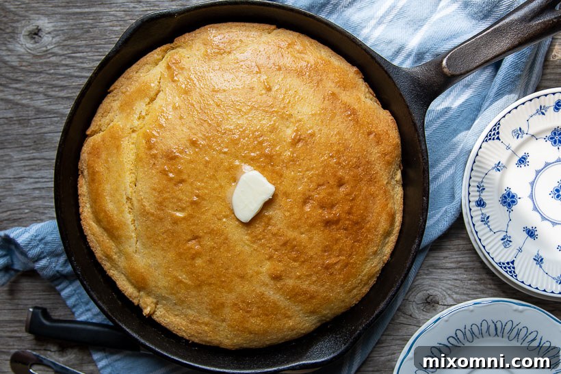 overhead shot of iron skillet with uncut bread and piece of melting butter on top