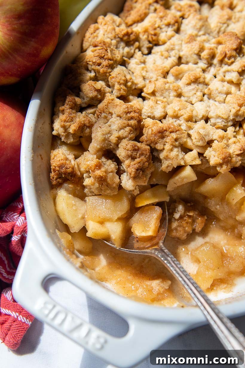 An inviting overhead shot of a freshly baked gluten-free apple crisp in a white oval baking dish, with a perfect scoop removed, revealing the gooey apple filling beneath the golden oat topping.