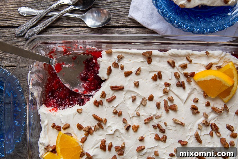 An old-fashioned serving spoon resting in a pan of cranberry raspberry jello salad, showcasing its rich texture.