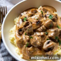 angled shot of a bowl of pressure cooker beef stroganoff served over mashed potatoes