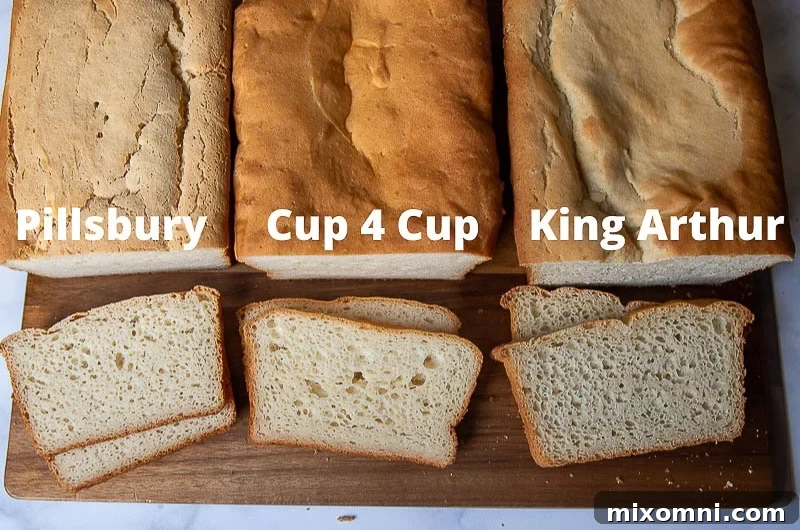 Three slices of gluten-free bread, each made with a different brand of gluten-free flour, displayed side-by-side for comparison.
