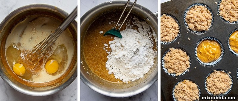 images showing more steps of making gluten free pumpkin muffins with crumb topping
