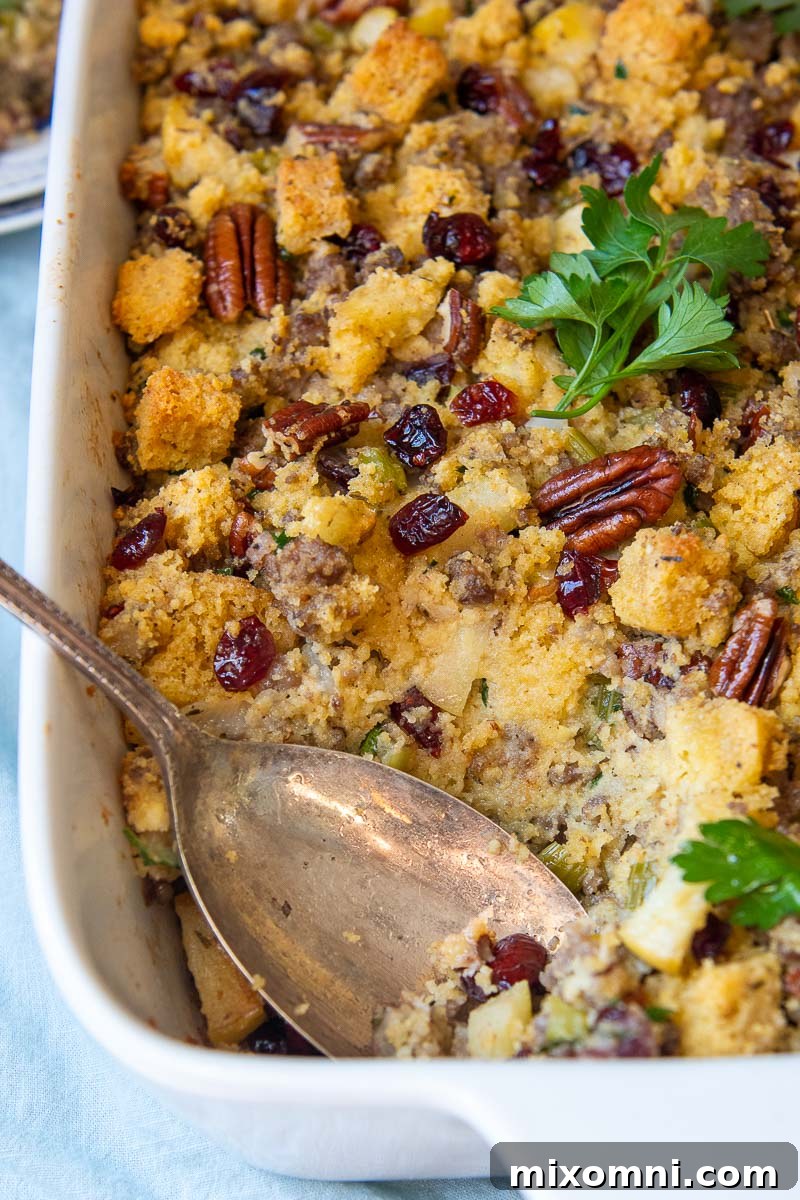 A scoop has been taken out of a baked gluten-free cornbread stuffing, revealing its fluffy, moist texture.