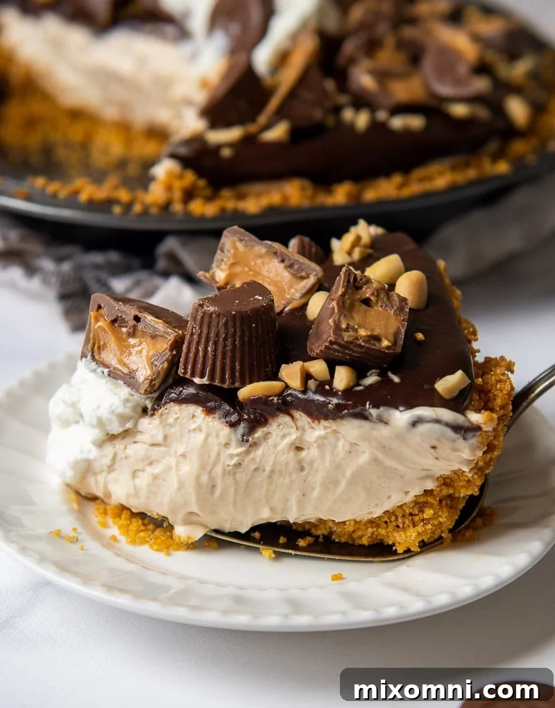 A beautiful slice of no-bake chocolate peanut butter pie on a white plate, ready to be served, topped with Reese's cups.