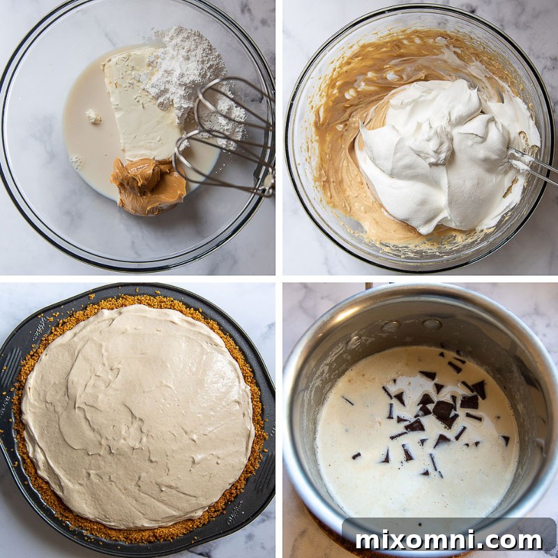 Visual guide: how to make chocolate peanut butter pie, showing ingredients being mixed in a bowl.