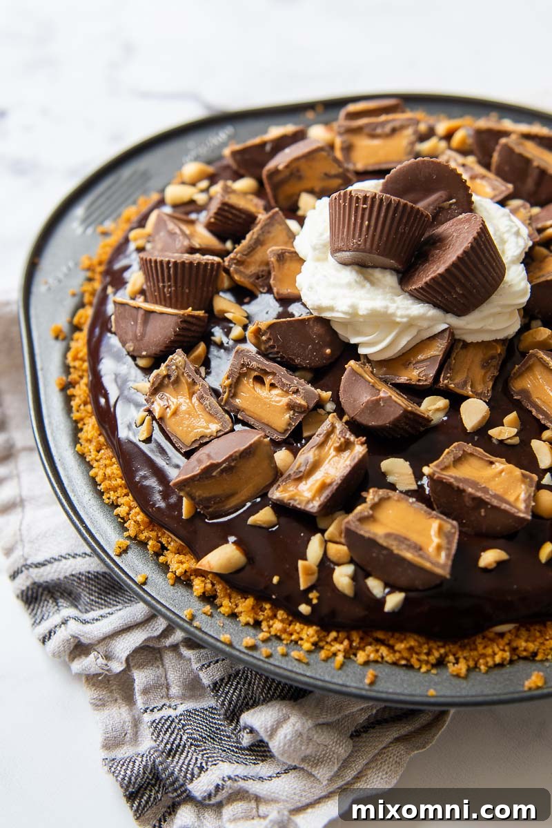 A whole no-bake chocolate peanut butter pie, beautifully topped with Reese's peanut butter cups, on a rustic background.