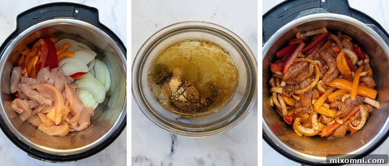 Sequential images demonstrating the simple steps to make Instant Pot chicken fajitas: prepping ingredients, mixing in the pot, and the cooked result.