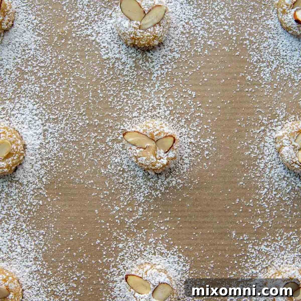 Unbaked almond cookies meticulously arranged on a baking sheet, dusted with powdered sugar and adorned with sliced almonds, poised for the oven.