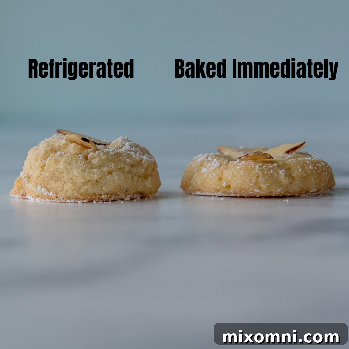 A comparative image displaying two rows of macaroons, one row baked immediately and the other after refrigeration, illustrating the subtle differences in shape and rise.