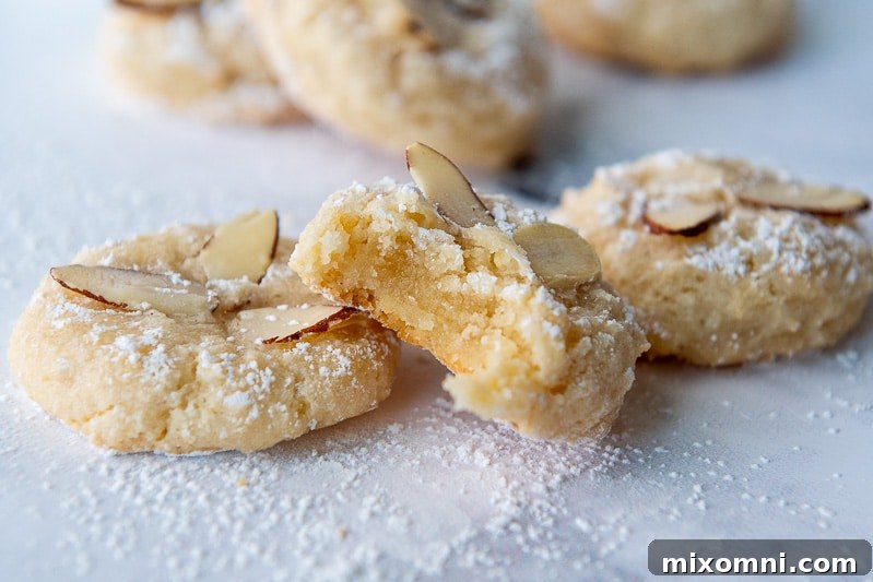 A landscape view featuring two exquisite Italian almond cookies, one with a delightful bite taken out, showcasing the perfect texture and inviting appeal.